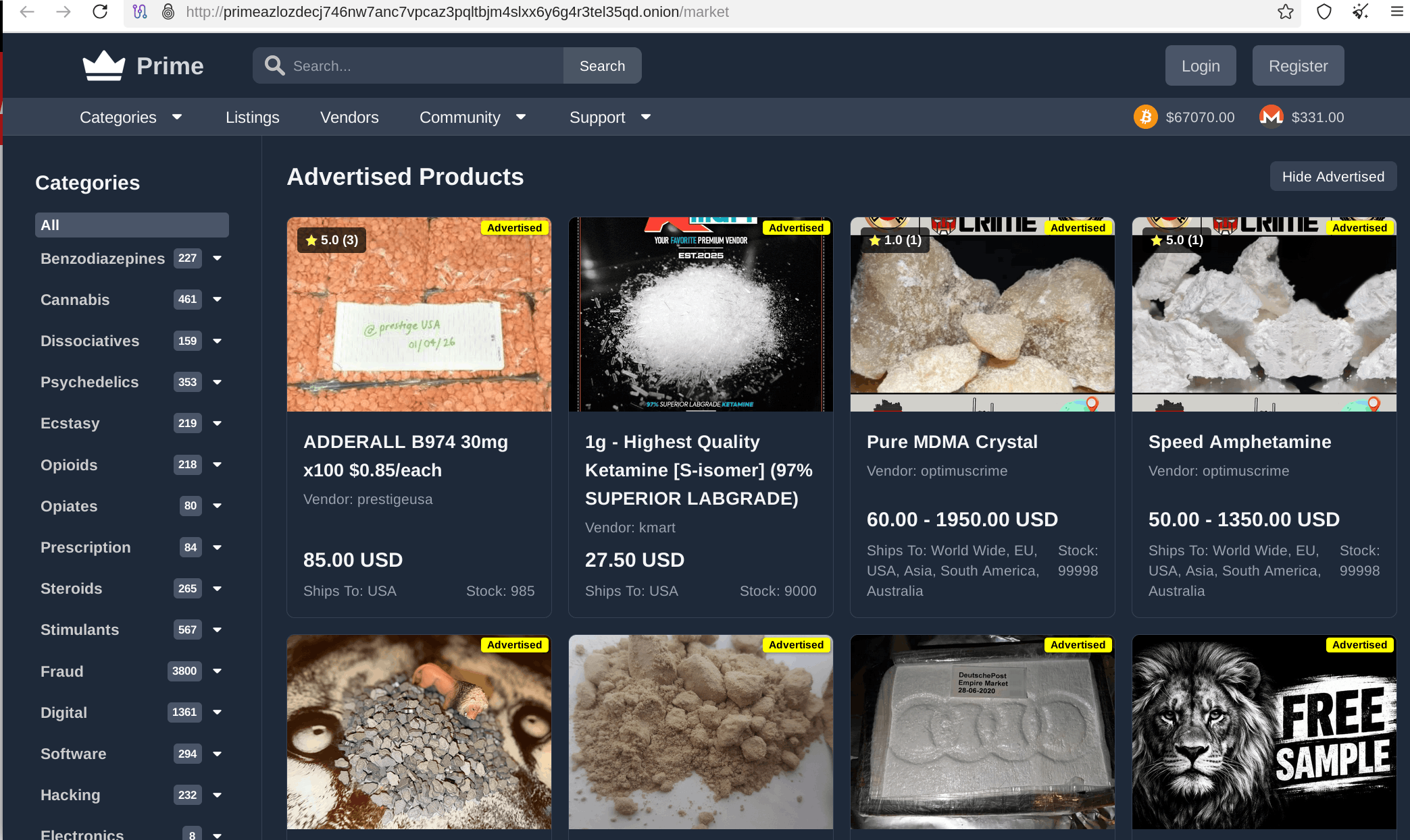 Prime Market listings page showing product categories, vendor ratings, and search filters